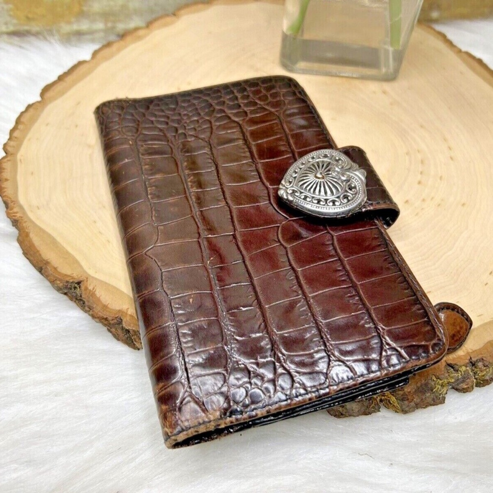 Vntg Brighton Brown Croc Embossed Leather Wallet Folder Folio Journal Case Cover - Picture 2 of 11